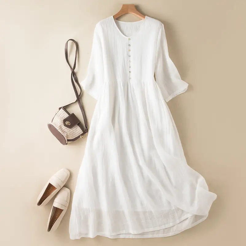 White V-Neck Button Dress for Women