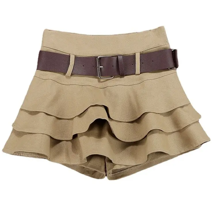 Women Ruffled Skirt with Belt Brown