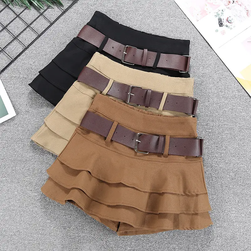 Women Ruffled Skirt with Belt Brown — feature 1