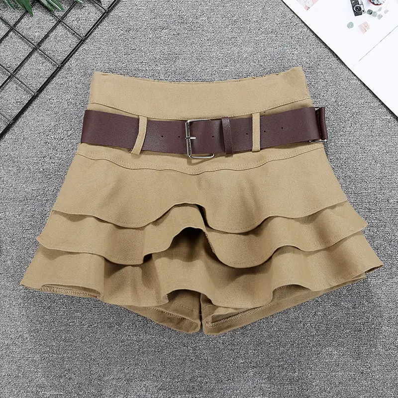 Women Ruffled Skirt with Belt Brown — feature 5