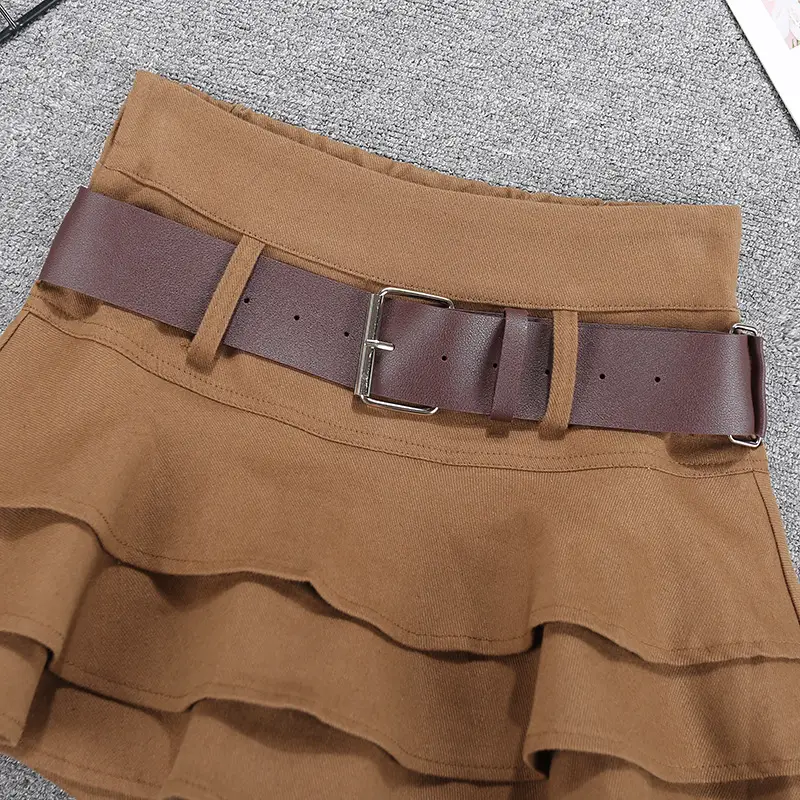 Women Ruffled Skirt with Belt Brown — feature 6