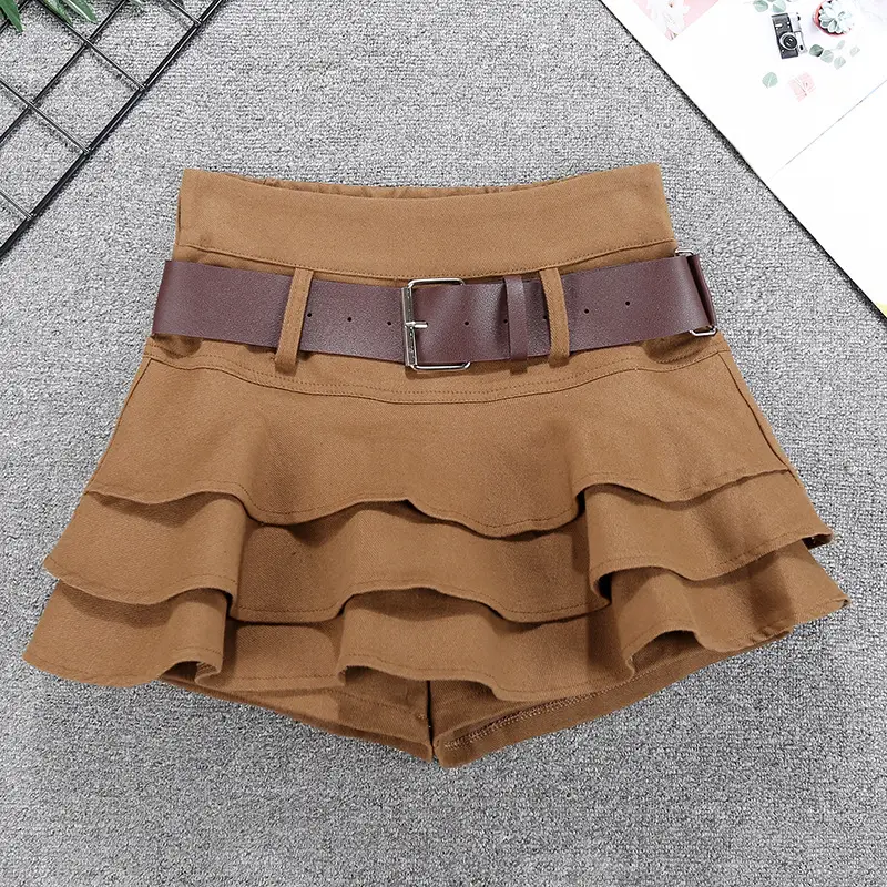 Women Ruffled Skirt with Belt Brown