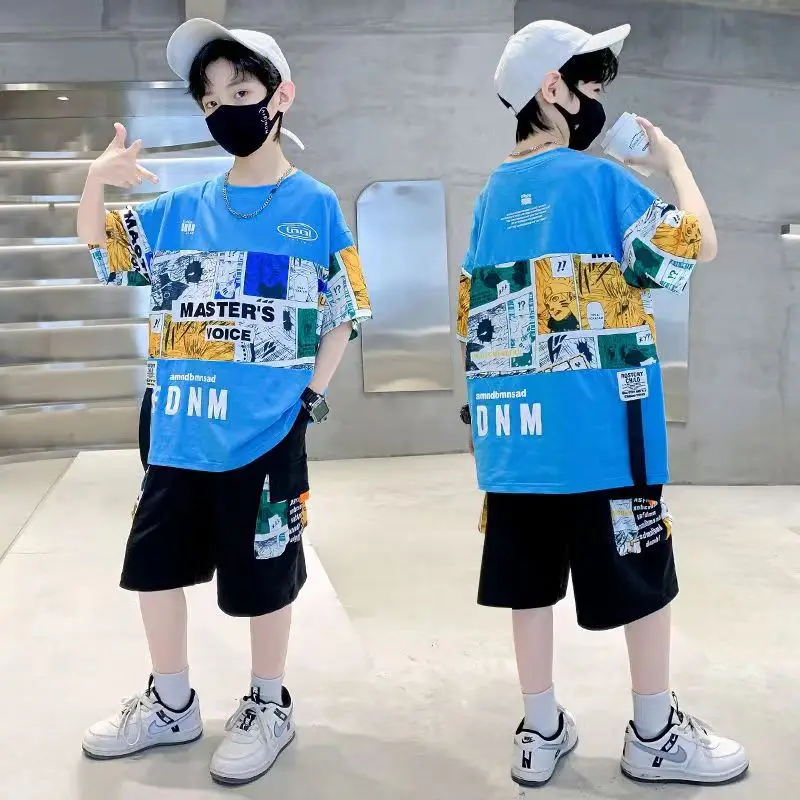 New Kids Summer T-Shirt Set Blue Printed Casual Boys - Image 5