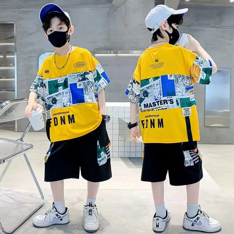 New Kids Summer T-Shirt Set Blue Printed Casual Boys - Image 6