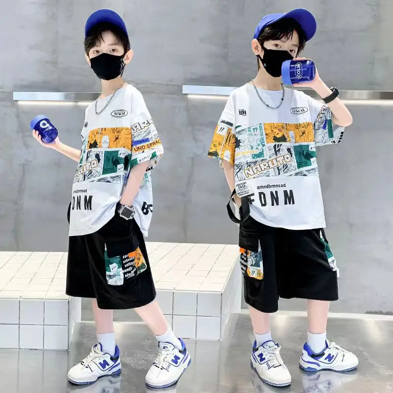New Kids Summer T-Shirt Set Blue Printed Casual Boys - Image 7