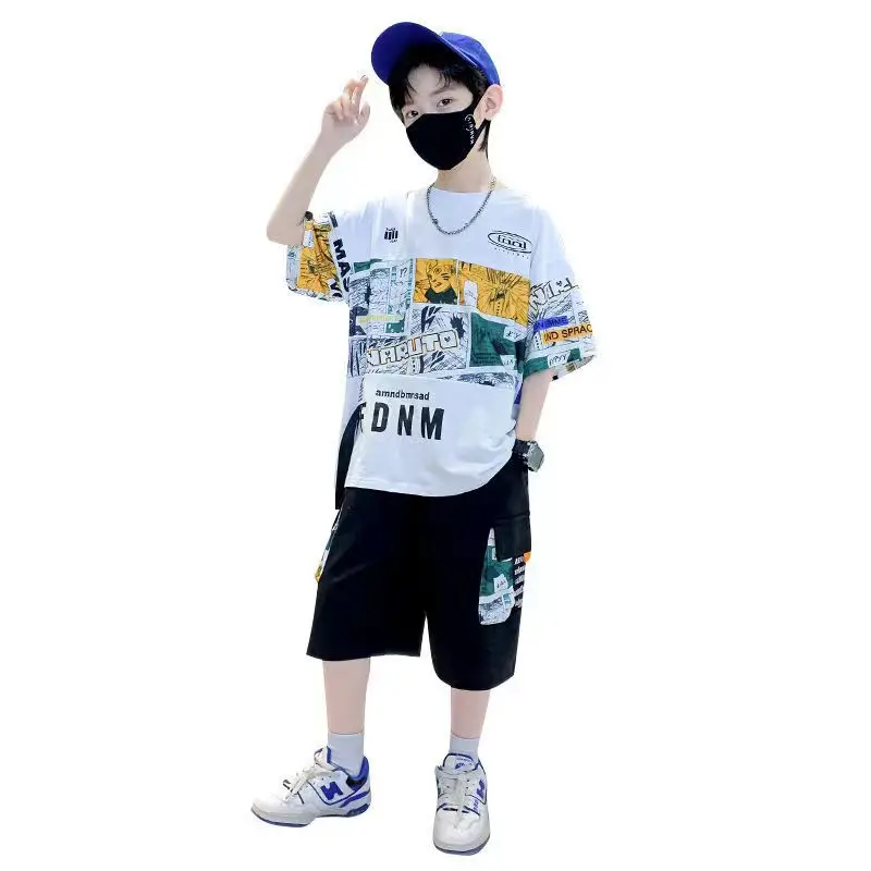 New Kids Summer T-Shirt Set Blue Printed Casual Boys - Image 8
