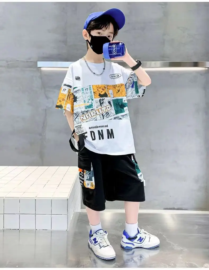 New Kids Summer T-Shirt Set Blue Printed Casual Boys — feature 12