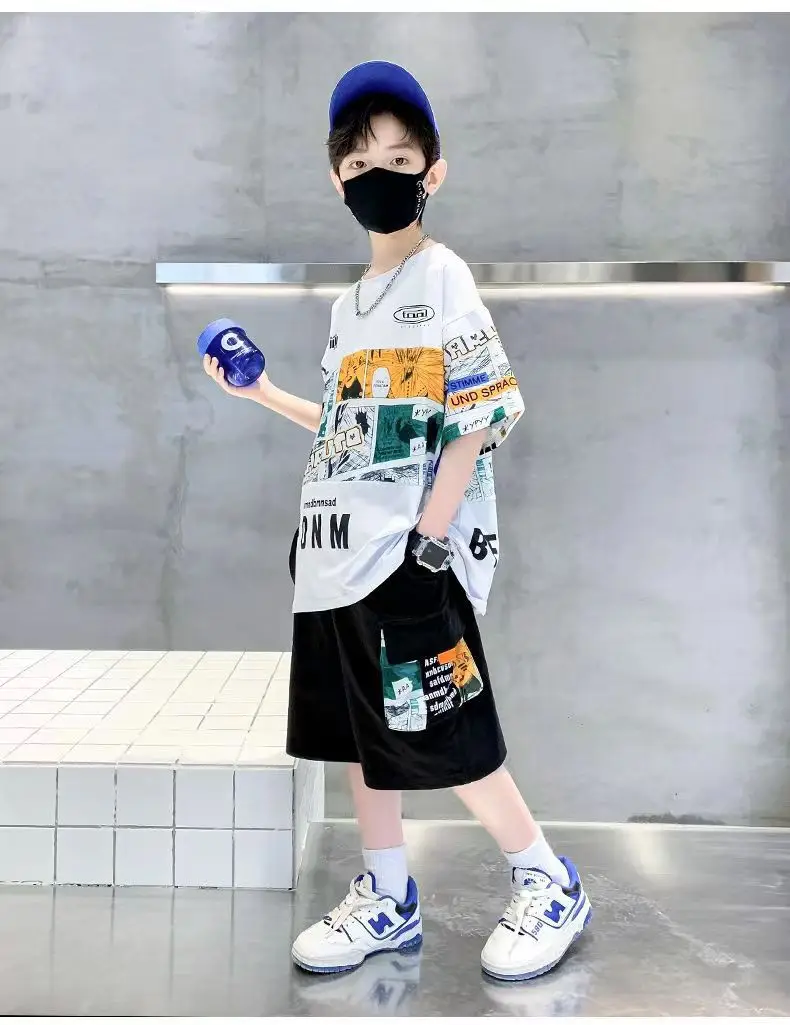 New Kids Summer T-Shirt Set Blue Printed Casual Boys — feature 13