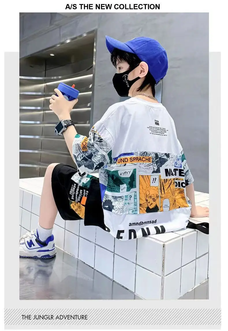 New Kids Summer T-Shirt Set Blue Printed Casual Boys — feature 14