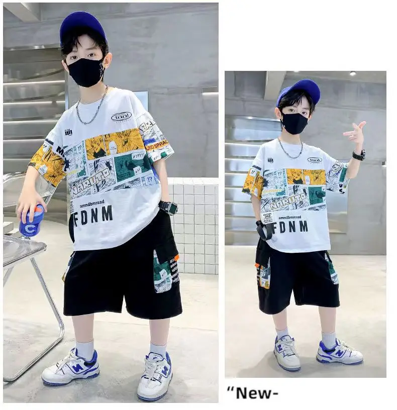 New Kids Summer T-Shirt Set Blue Printed Casual Boys — feature 16