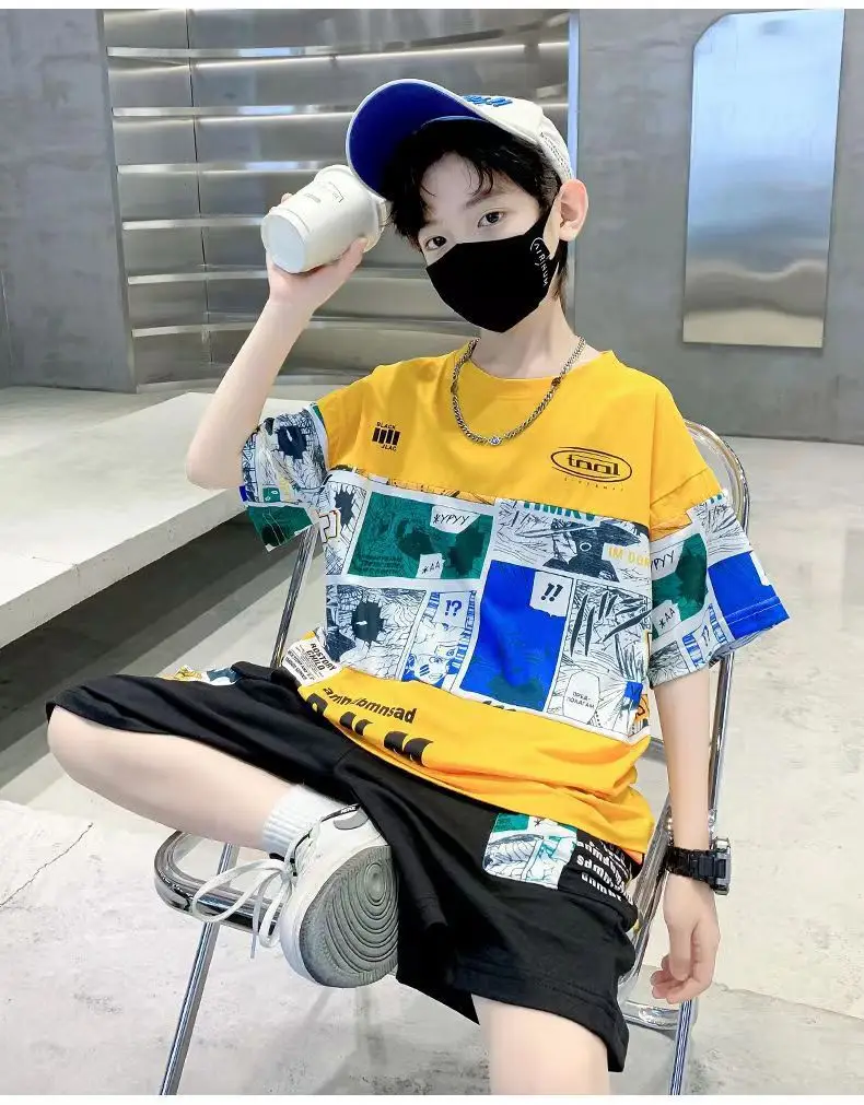 New Kids Summer T-Shirt Set Blue Printed Casual Boys — feature 17