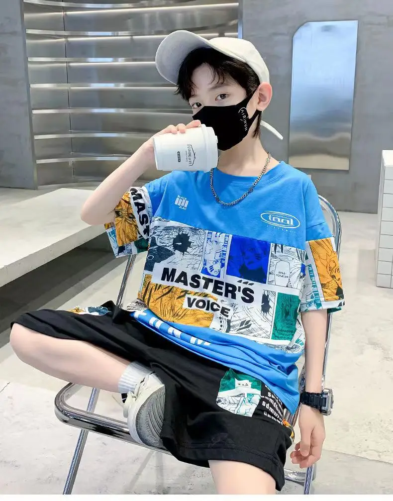New Kids Summer T-Shirt Set Blue Printed Casual Boys — feature 20