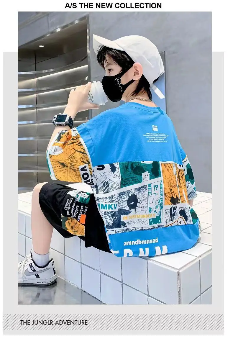 New Kids Summer T-Shirt Set Blue Printed Casual Boys — feature 21