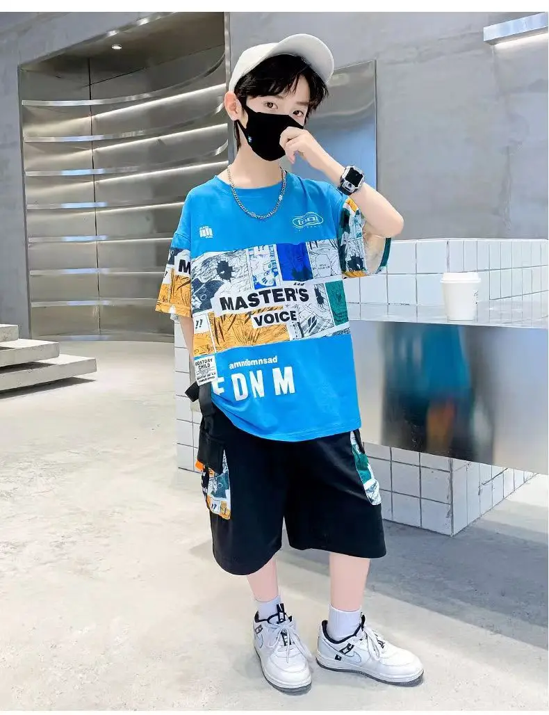 New Kids Summer T-Shirt Set Blue Printed Casual Boys — feature 24