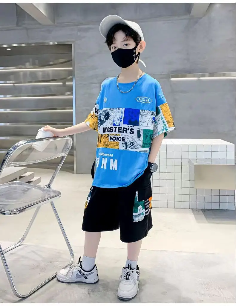 New Kids Summer T-Shirt Set Blue Printed Casual Boys — feature 25
