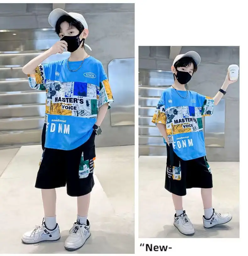 New Kids Summer T-Shirt Set Blue Printed Casual Boys — feature 26