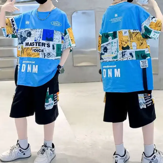New Kids Summer T-Shirt Set Blue Printed Casual Boys — feature 5