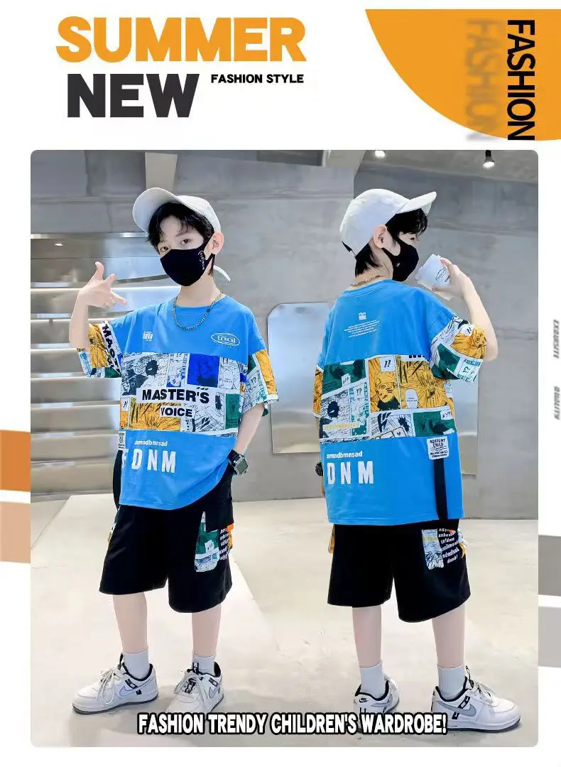 New Kids Summer T-Shirt Set Blue Printed Casual Boys — feature 8