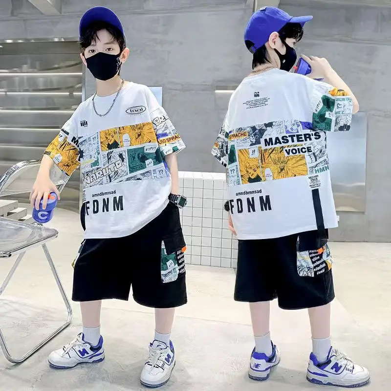 New Kids Summer T-Shirt Set Blue Printed Casual Boys - Image 3