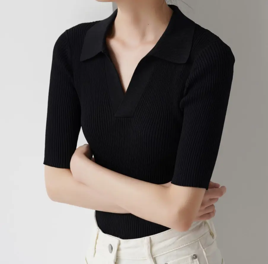 Women's Black Polo Collar Slim Fit Sweater Top — feature 4