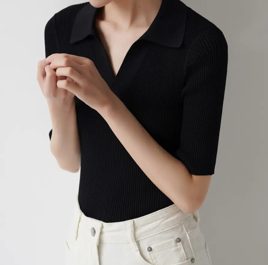 Women's Black Polo Collar Slim Fit Sweater Top — feature 5