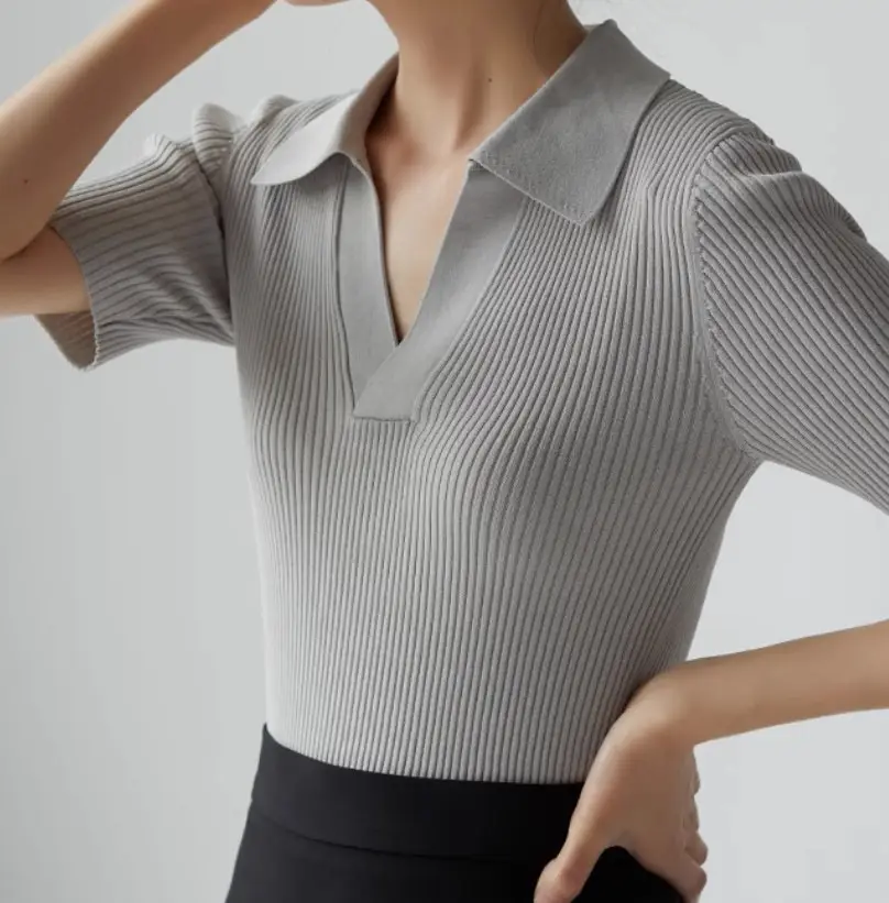 Women's Black Polo Collar Slim Fit Sweater Top — feature 6