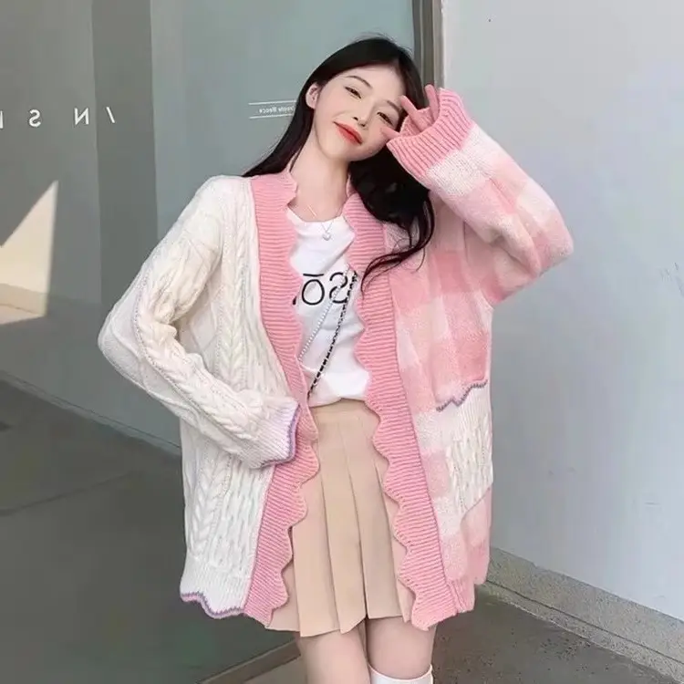 Korean Style Loose Sweater Coat Blue White Cardigan Set - Image 4