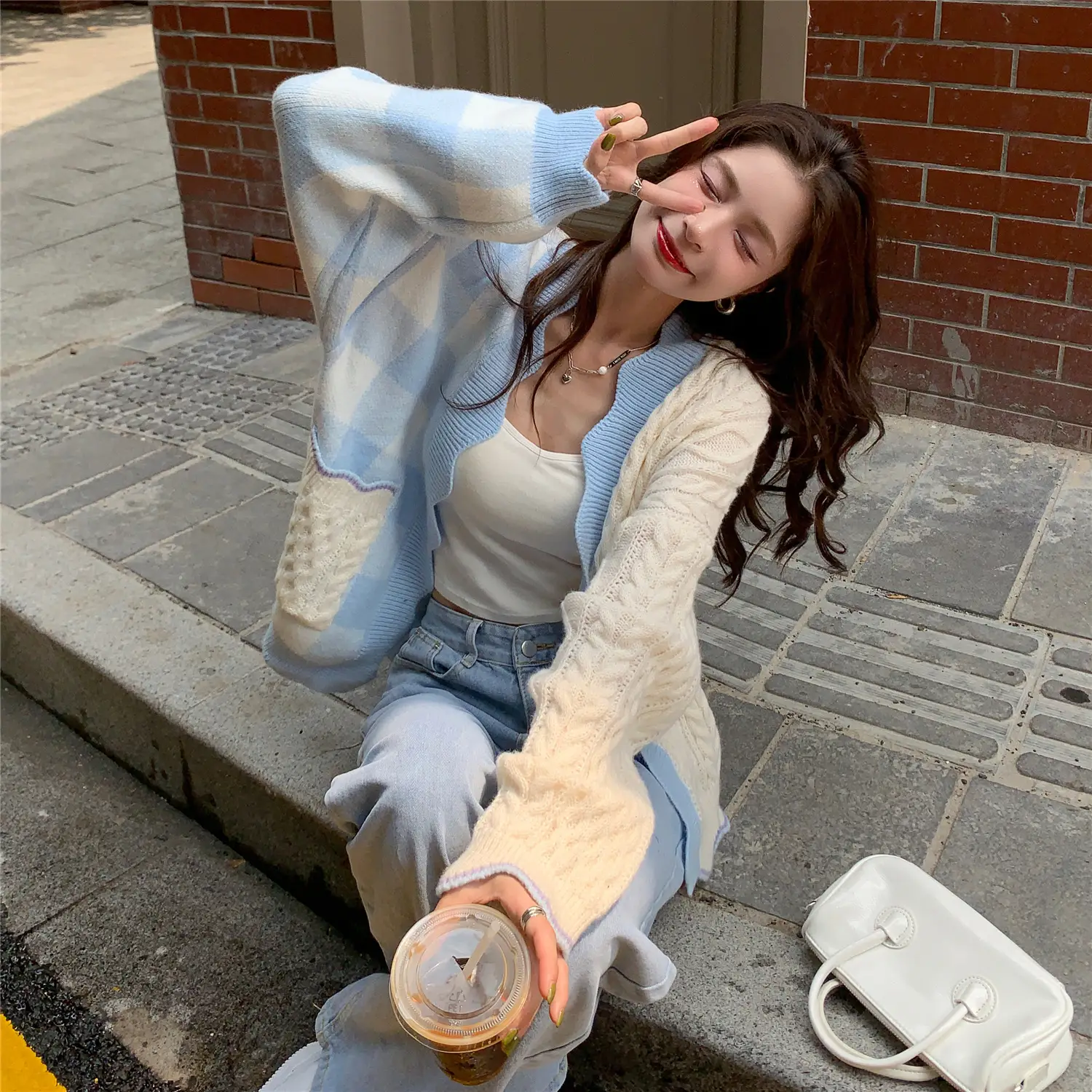 Korean Style Loose Sweater Coat Blue White Cardigan Set - Image 5