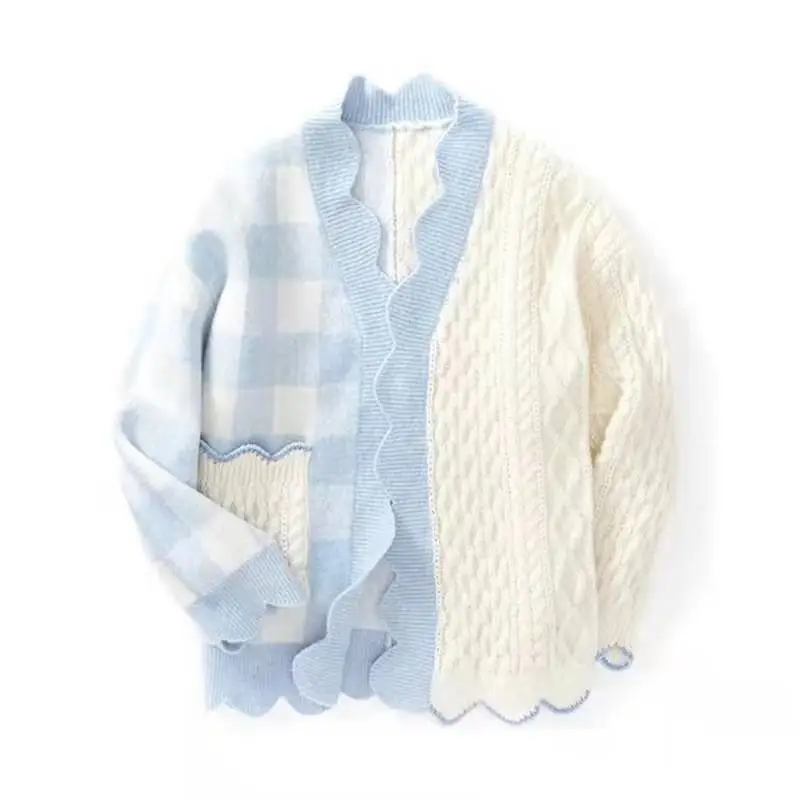 Korean Style Loose Sweater Coat Blue White Cardigan Set - Image 7
