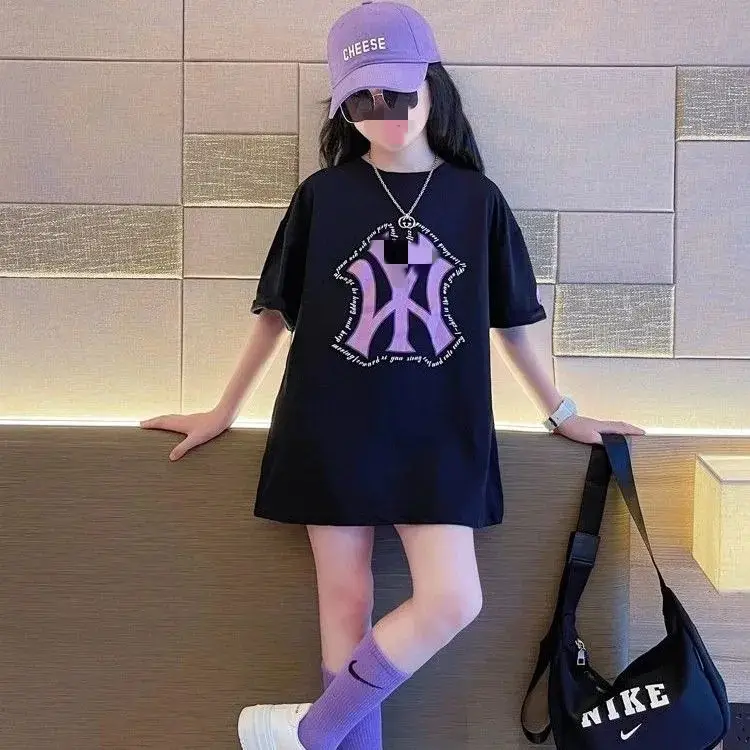 Girls White Printed T-Shirt 2024 Summer Loose Fit - Image 2