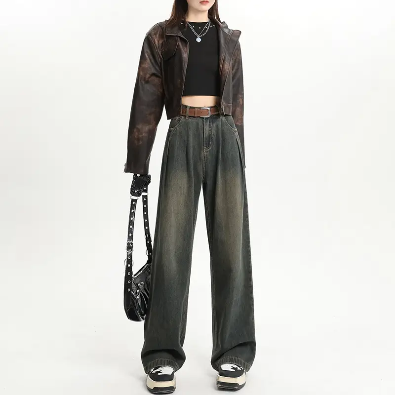 Women High Waist Jeans Dark Blue Wide Leg 2024