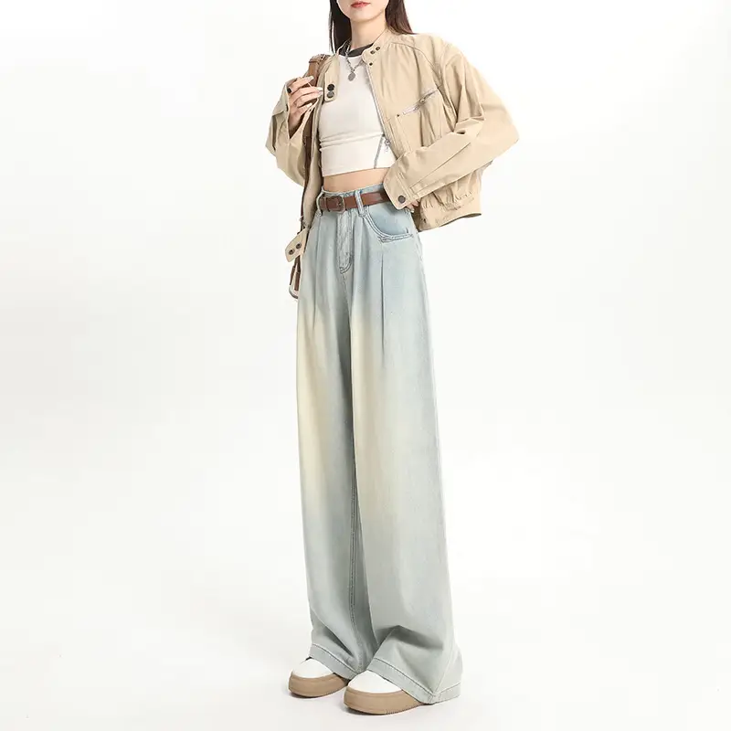 Women High Waist Jeans Dark Blue Wide Leg 2024