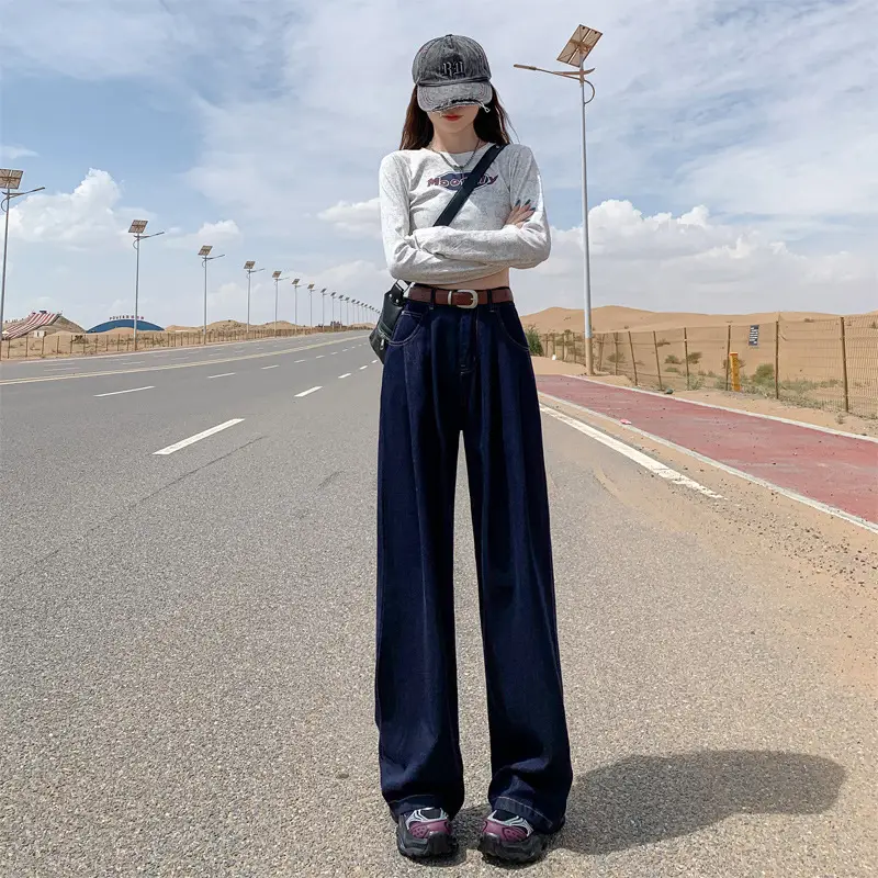 Women High Waist Jeans Dark Blue Wide Leg 2024