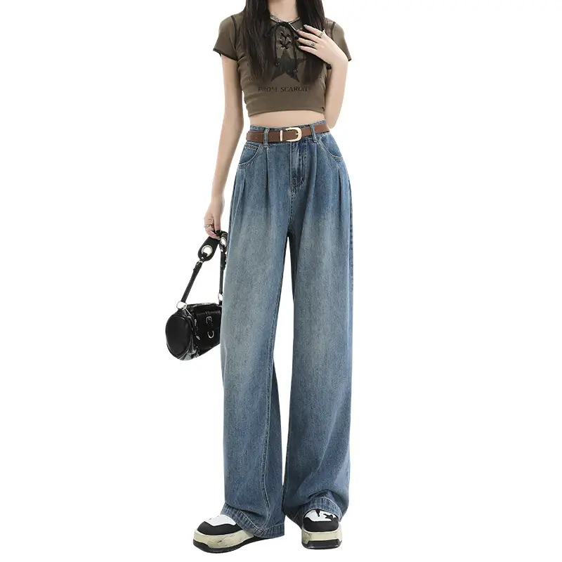 Women High Waist Jeans Dark Blue Wide Leg 2024