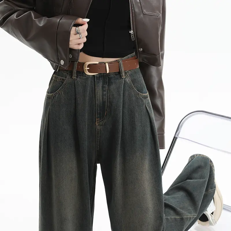 Women High Waist Jeans Dark Blue Wide Leg 2024