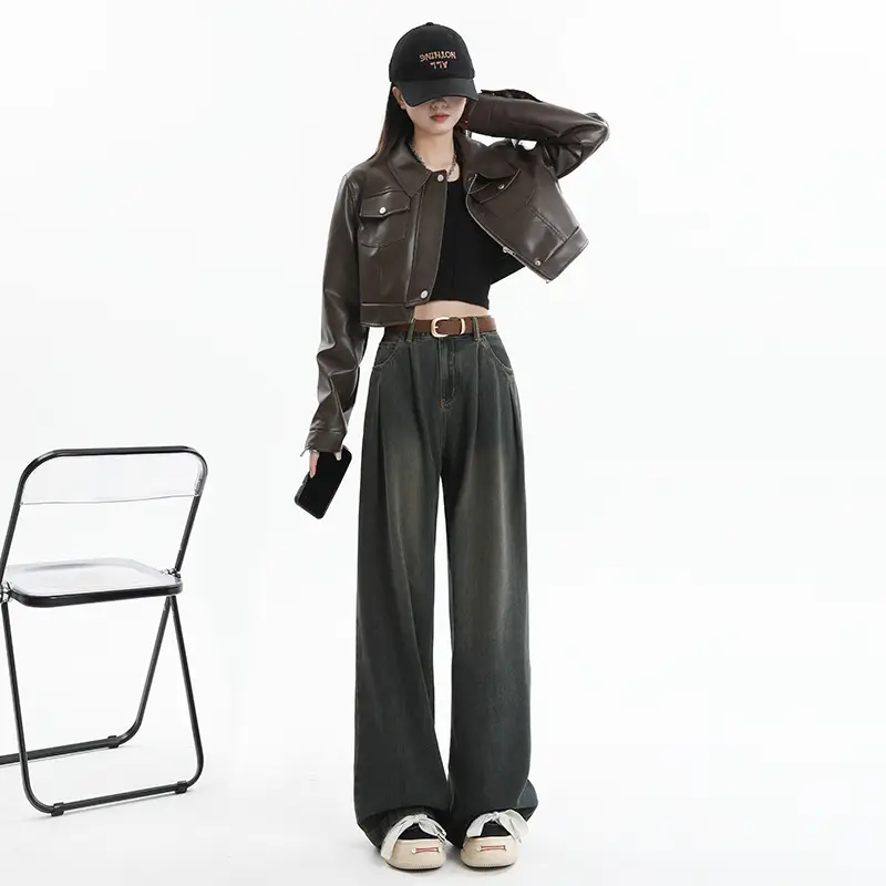 Women High Waist Jeans Dark Blue Wide Leg 2024