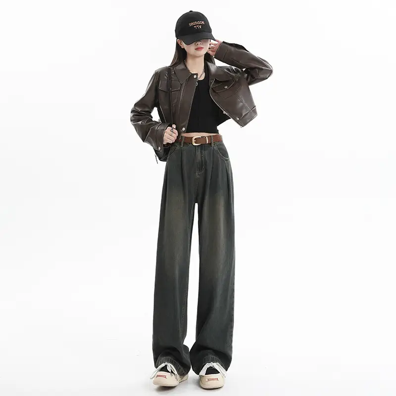 Women High Waist Jeans Dark Blue Wide Leg 2024