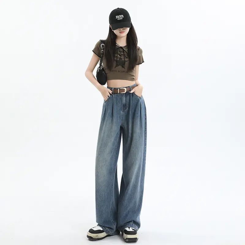 Women High Waist Jeans Dark Blue Wide Leg 2024