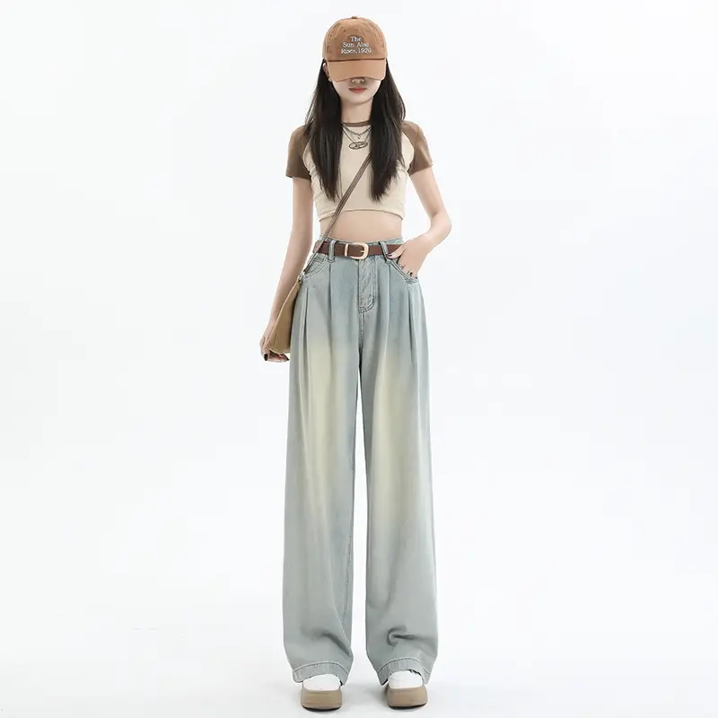 Women High Waist Jeans Dark Blue Wide Leg 2024