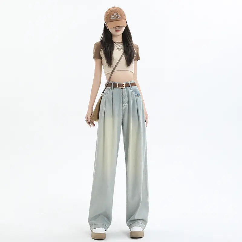 Women High Waist Jeans Dark Blue Wide Leg 2024
