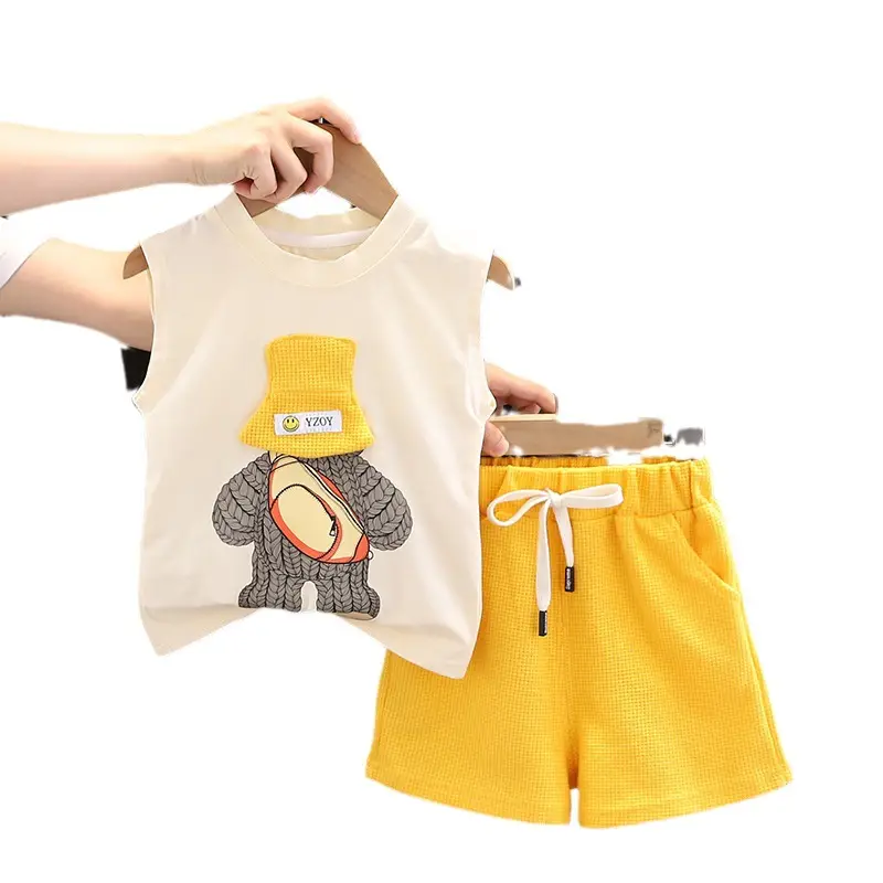 Kids Cartoon Embroidered Vest & Shorts Set Yellow - Image 6