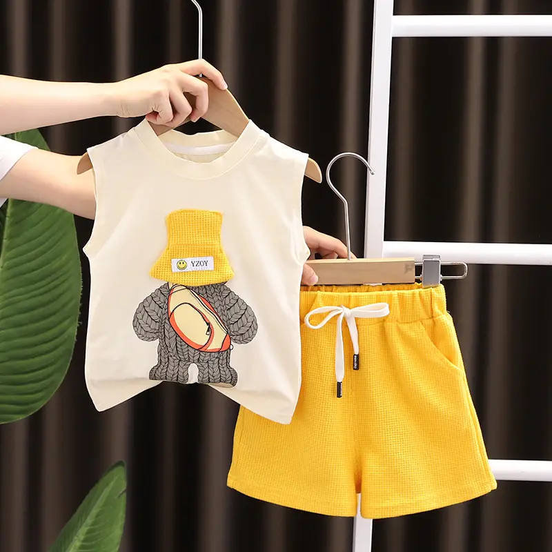 Kids Cartoon Embroidered Vest & Shorts Set Yellow - Image 3