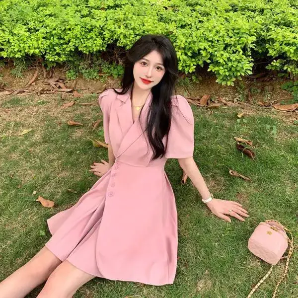 Women Summer Asymmetrical Pleated Skirt Suit Pink - Image 4