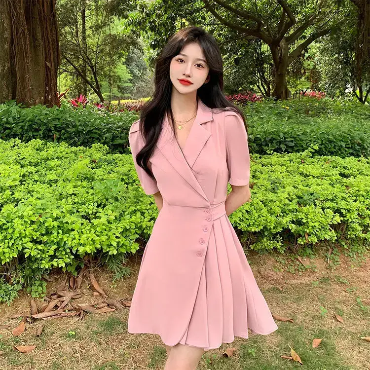 Women Summer Asymmetrical Pleated Skirt Suit Pink — feature 37