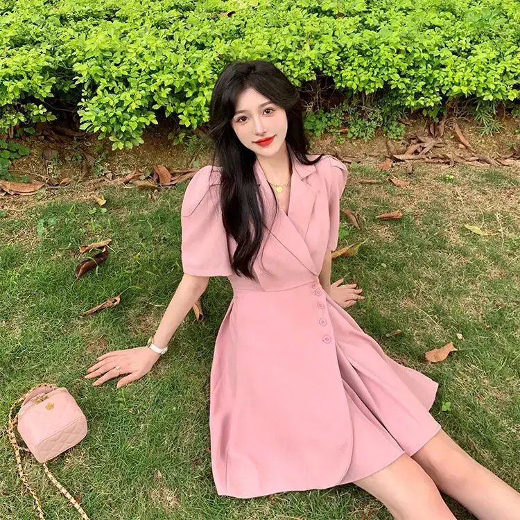 Women Summer Asymmetrical Pleated Skirt Suit Pink — feature 38