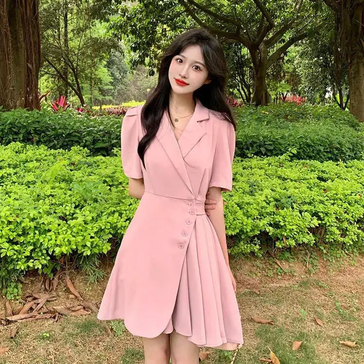 Women Summer Asymmetrical Pleated Skirt Suit Pink — feature 39