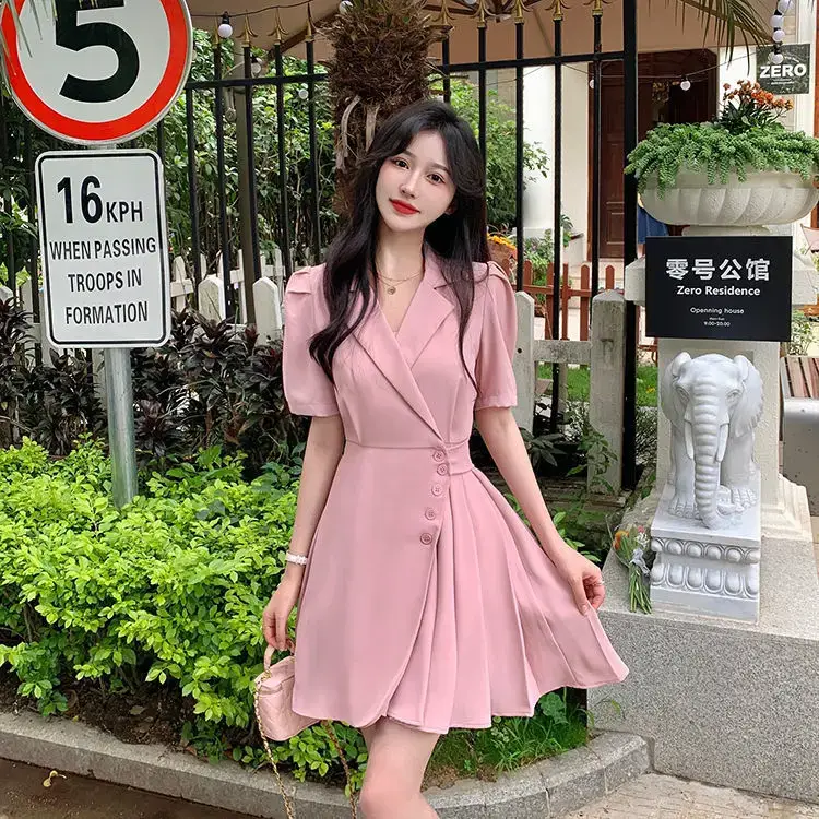 Women Summer Asymmetrical Pleated Skirt Suit Pink — feature 40
