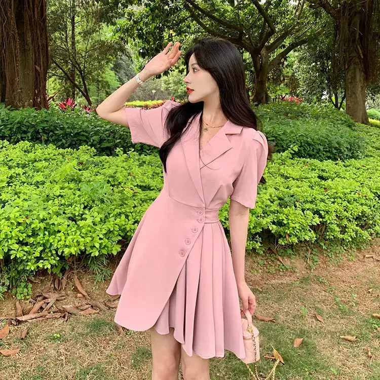 Women Summer Asymmetrical Pleated Skirt Suit Pink — feature 41