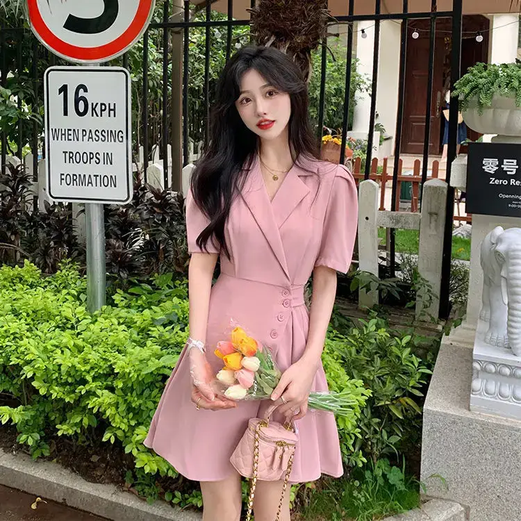 Women Summer Asymmetrical Pleated Skirt Suit Pink — feature 42