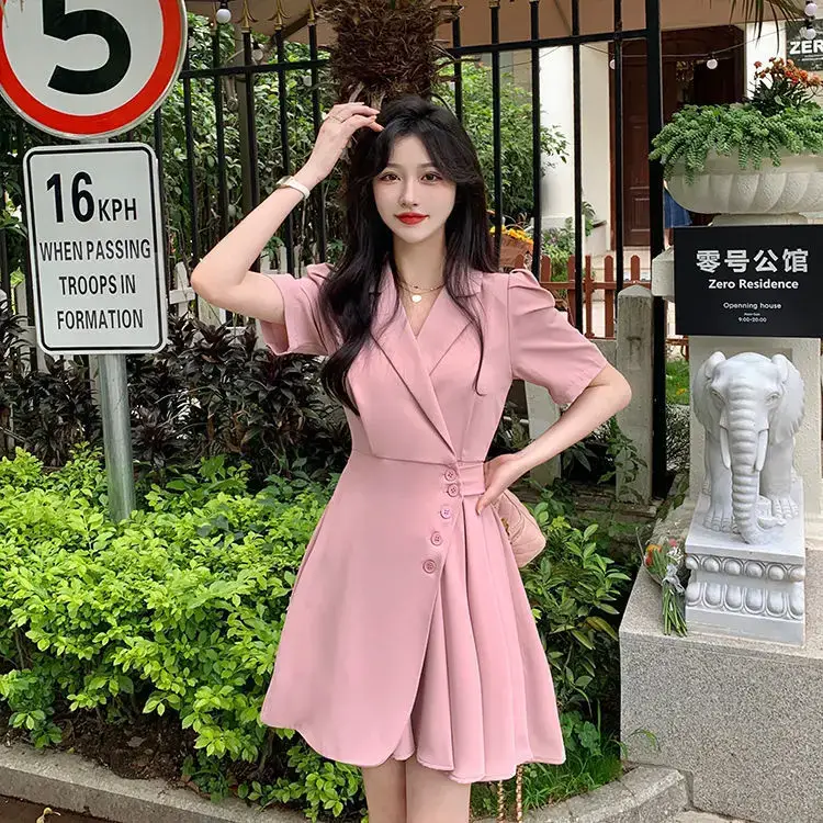 Women Summer Asymmetrical Pleated Skirt Suit Pink — feature 43